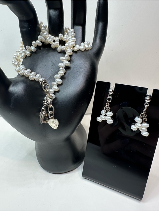 Pearl Jewelry - Genuine Pearl Necklace Earrings Set Sterling Silver 925 Signed MB Jewelry Design